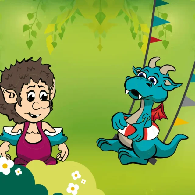 Gezeichnetes Maskottchen Jojo mit Tiki dem Drachen