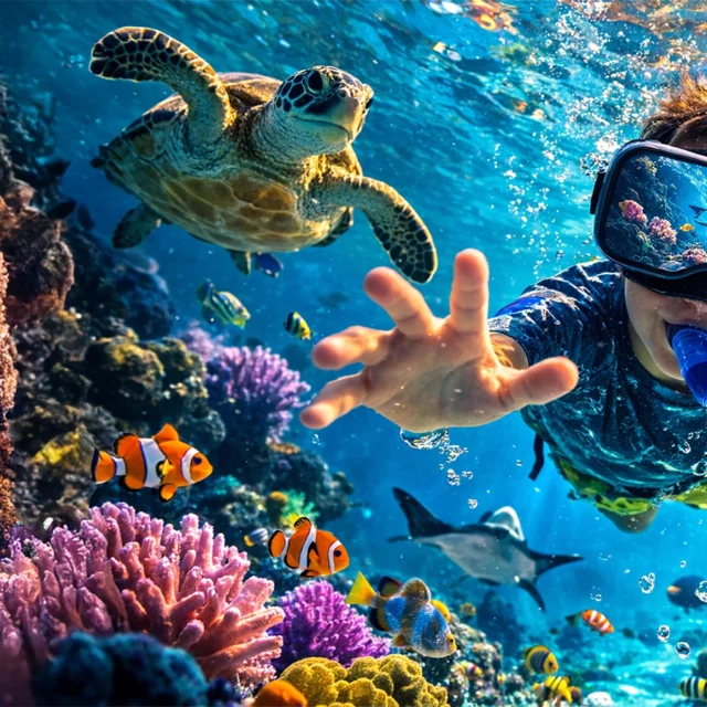 KI generiertes Bild zeigt ein Kinde, welches in einer bunten Unterwasserwelt schnorchelt