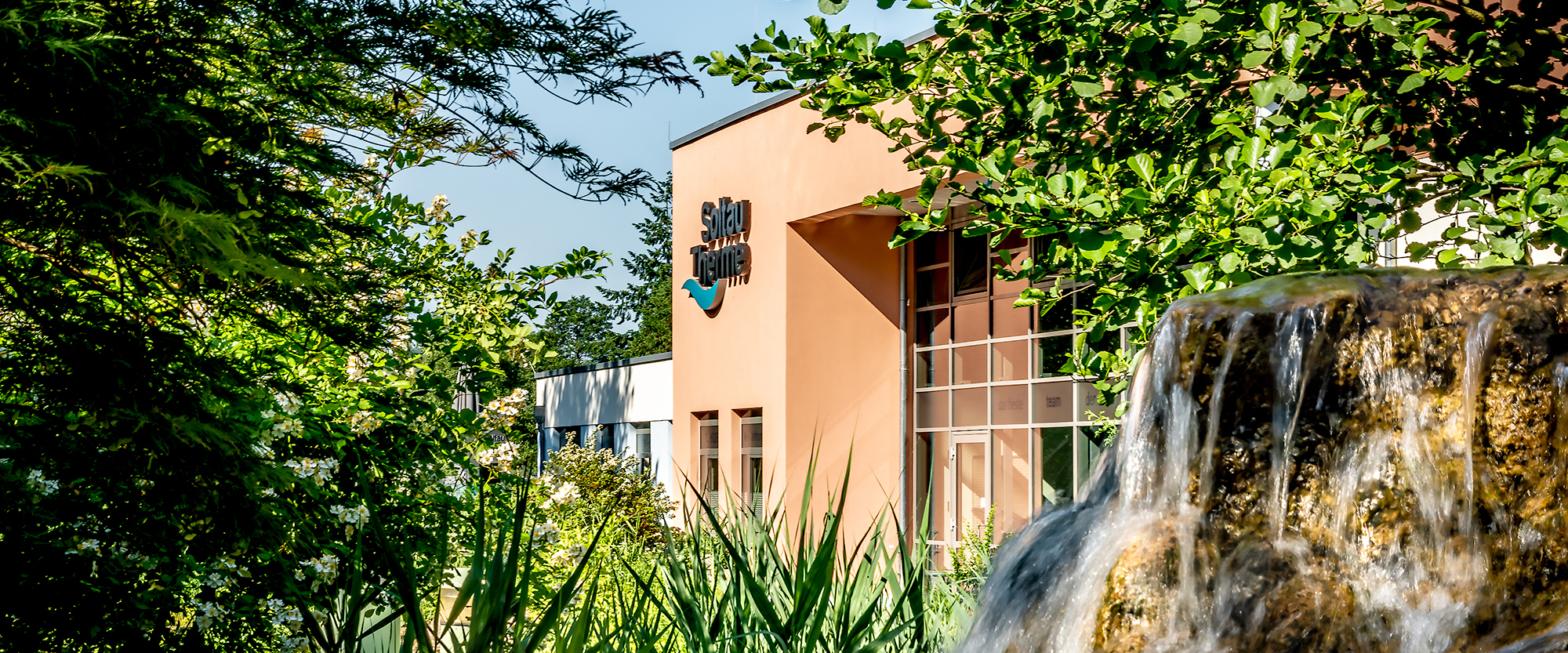 Blick duch den Wald auf die Soltau Therme